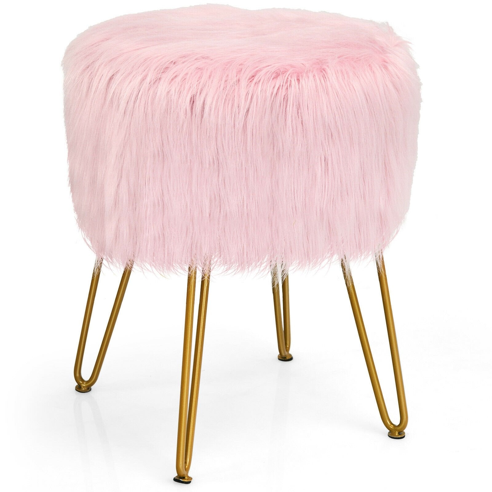 Faux Fur Vanity Stool Chair with Metal Legs for Bedroom and Living Room, Pink Ottomans   at Gallery Canada