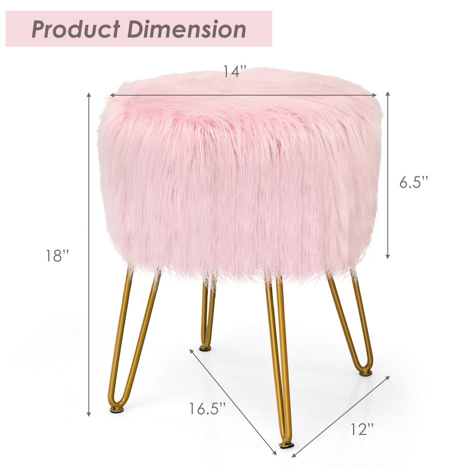 Faux Fur Vanity Stool Chair with Metal Legs for Bedroom and Living Room, Pink Ottomans   at Gallery Canada