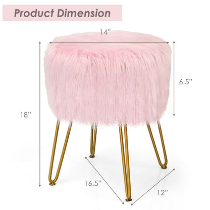 Faux Fur Vanity Stool Chair with Metal Legs for Bedroom and Living Room, Pink Ottomans   at Gallery Canada