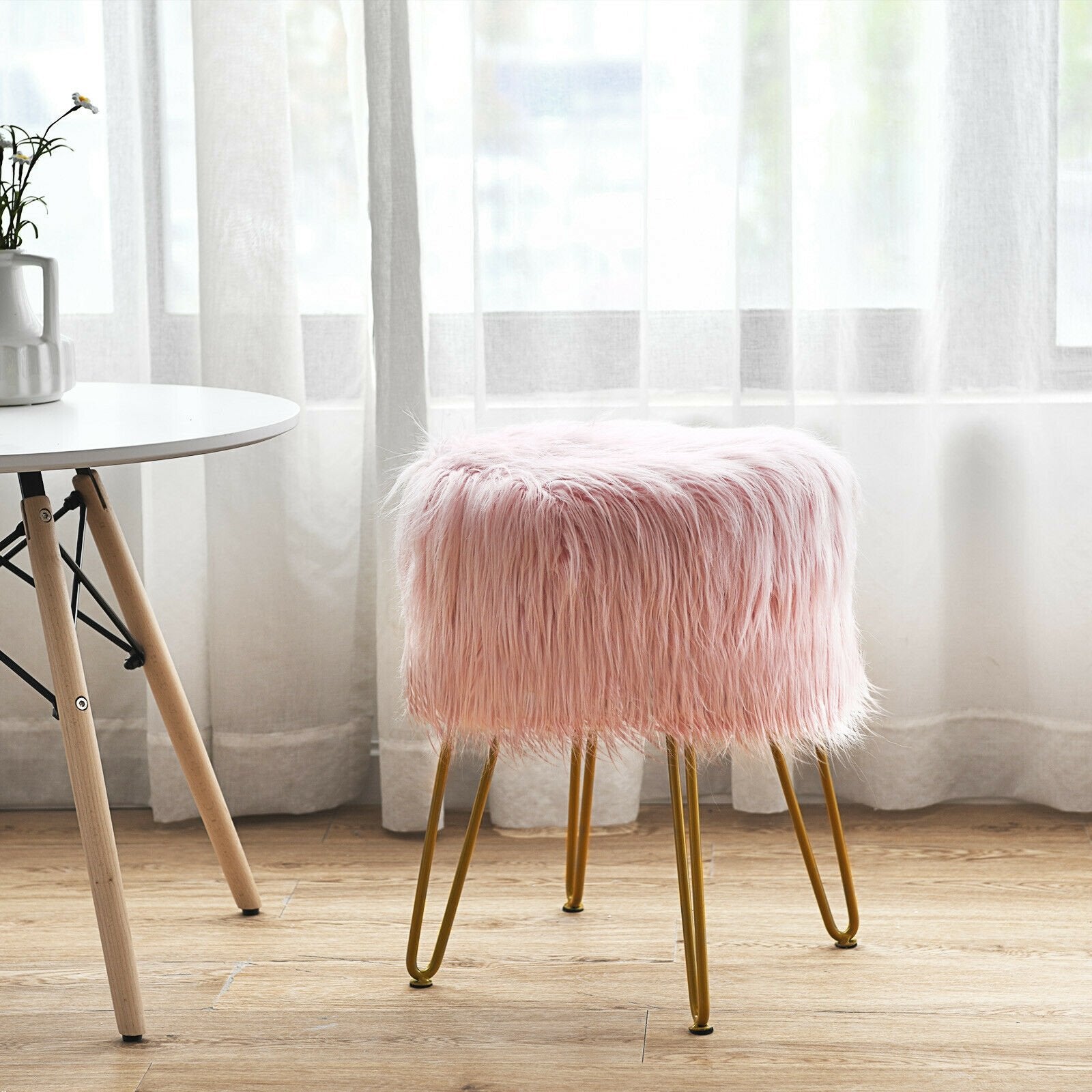 Faux Fur Vanity Stool Chair with Metal Legs for Bedroom and Living Room, Pink Ottomans   at Gallery Canada