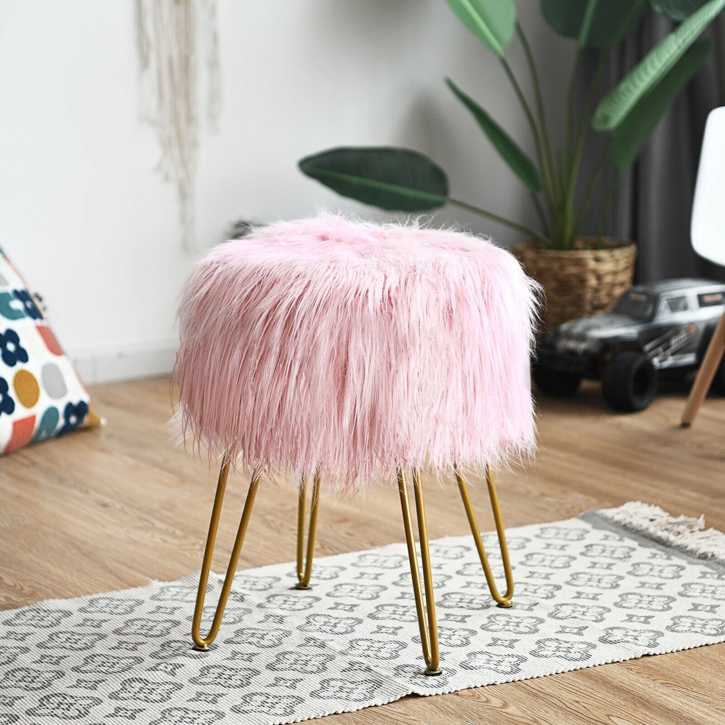 Faux Fur Vanity Stool Chair with Metal Legs for Bedroom and Living Room, Pink Ottomans   at Gallery Canada