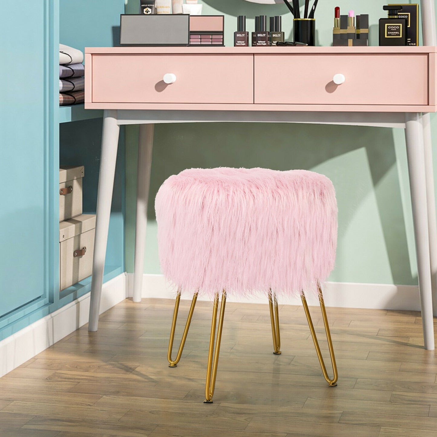 Faux Fur Vanity Stool Chair with Metal Legs for Bedroom and Living Room, Pink Ottomans   at Gallery Canada