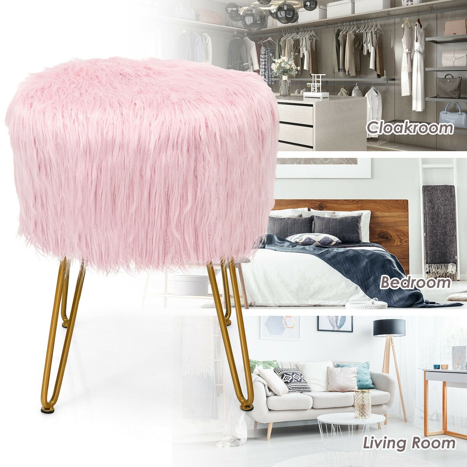 Faux Fur Vanity Stool Chair with Metal Legs for Bedroom and Living Room, Pink Ottomans   at Gallery Canada