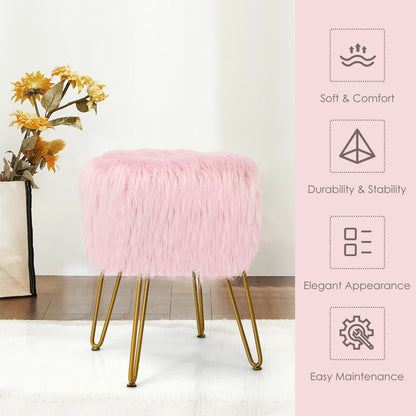 Faux Fur Vanity Stool Chair with Metal Legs for Bedroom and Living Room, Pink Ottomans   at Gallery Canada