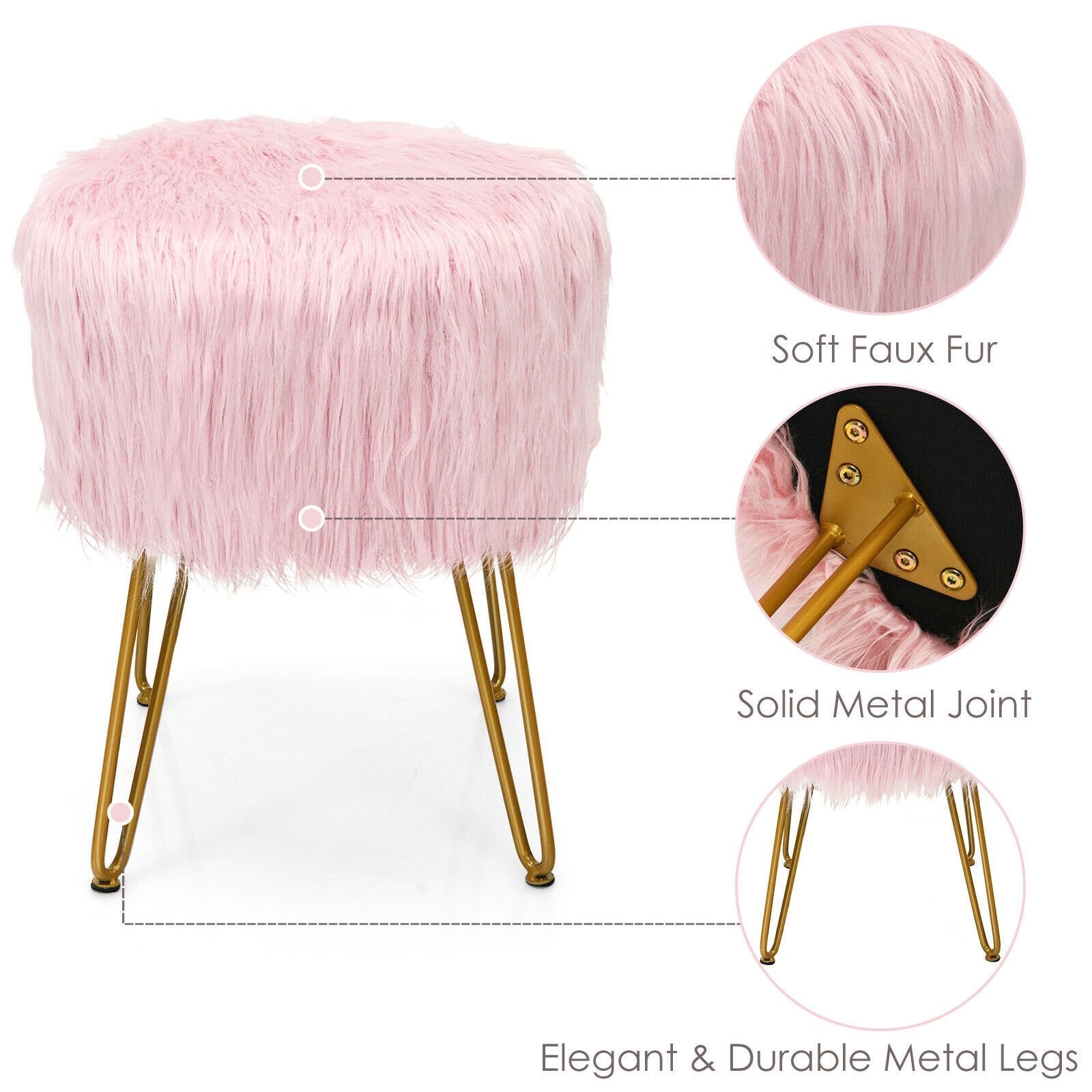 Faux Fur Vanity Stool Chair with Metal Legs for Bedroom and Living Room, Pink Ottomans   at Gallery Canada