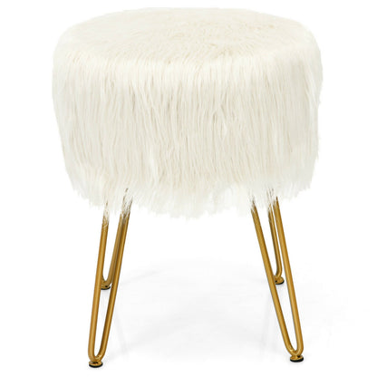 Faux Fur Vanity Stool Chair with Metal Legs for Bedroom and Living Room, White Ottomans   at Gallery Canada