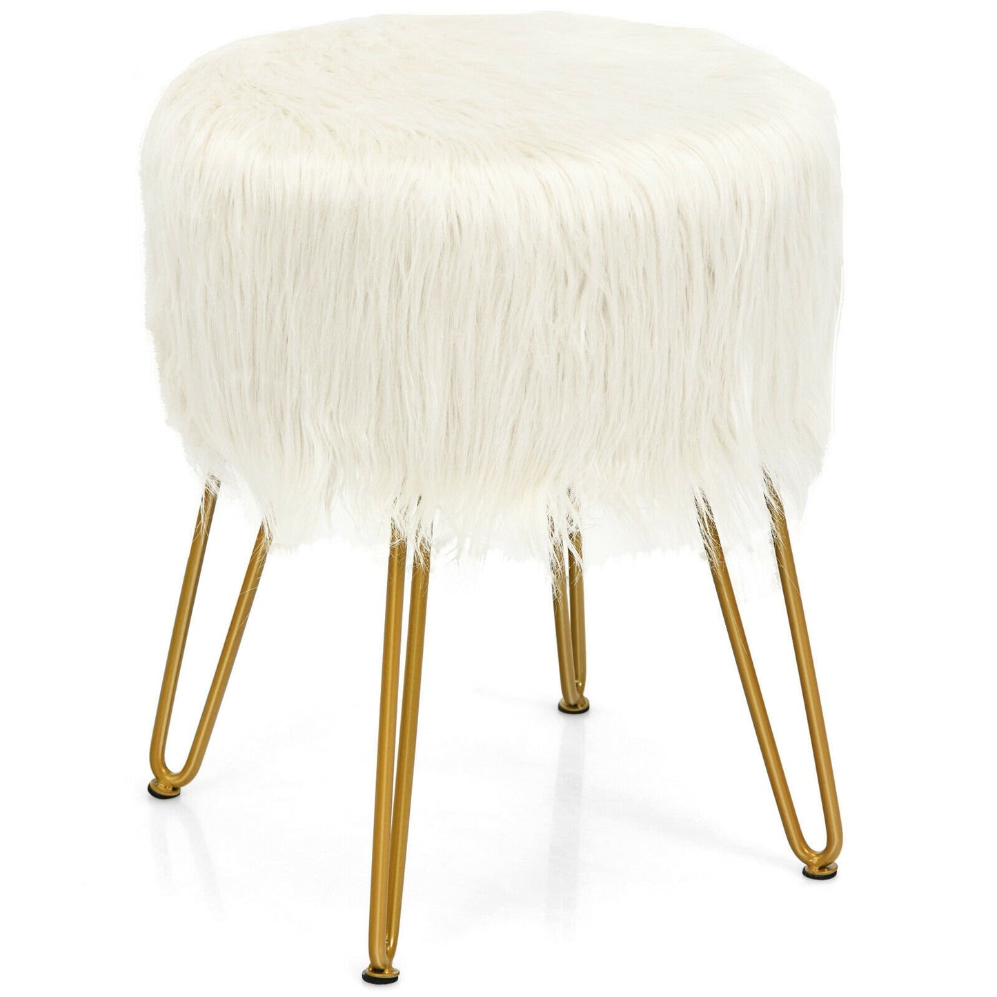 Faux Fur Vanity Stool Chair with Metal Legs for Bedroom and Living Room, White Ottomans   at Gallery Canada