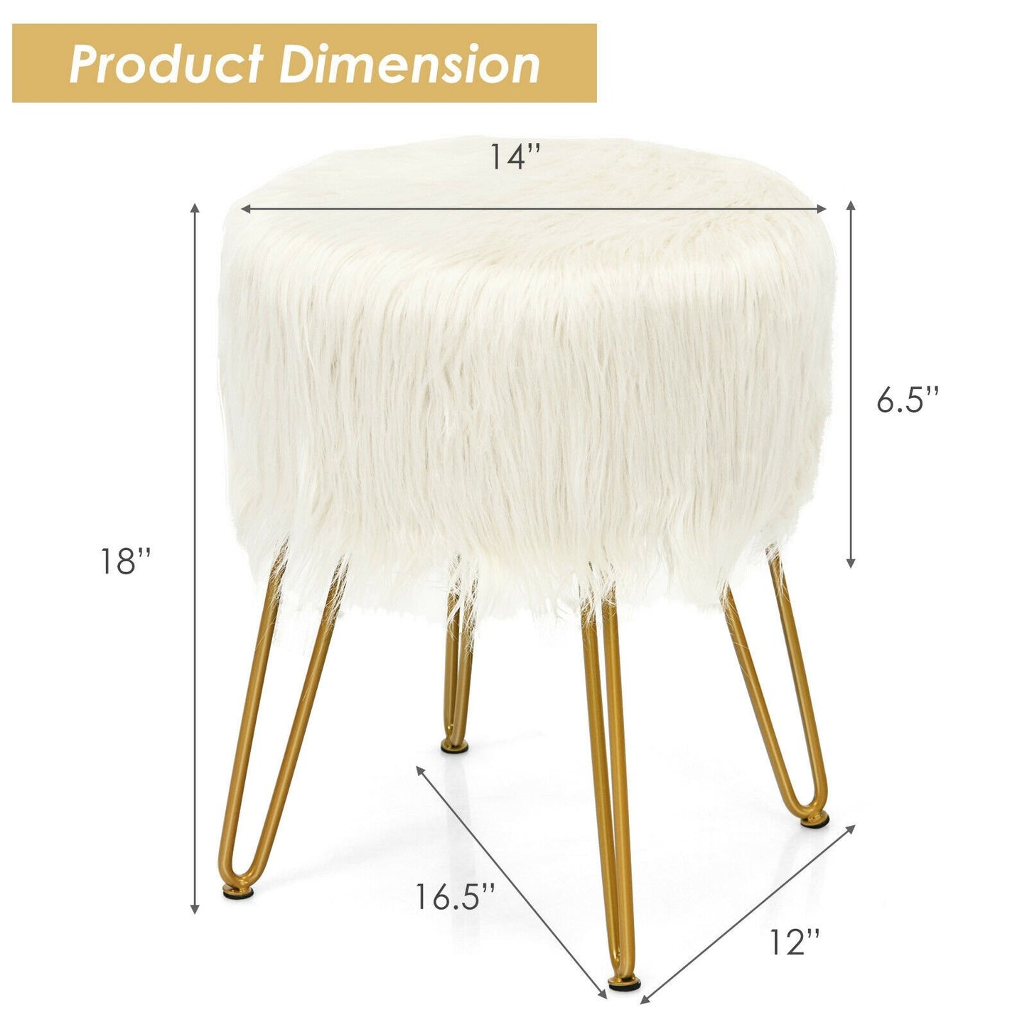 Faux Fur Vanity Stool Chair with Metal Legs for Bedroom and Living Room, White Ottomans   at Gallery Canada