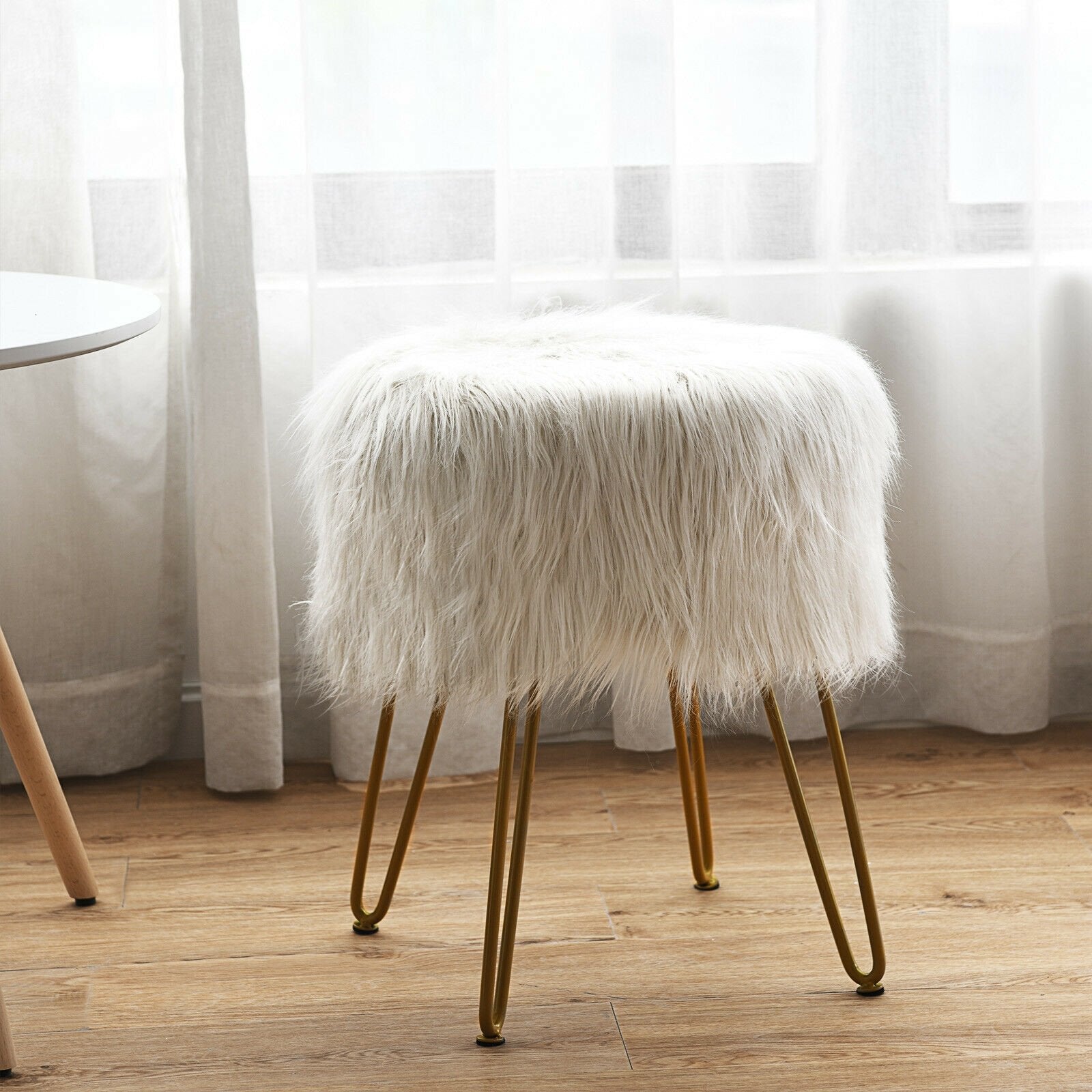 Faux Fur Vanity Stool Chair with Metal Legs for Bedroom and Living Room, White Ottomans   at Gallery Canada