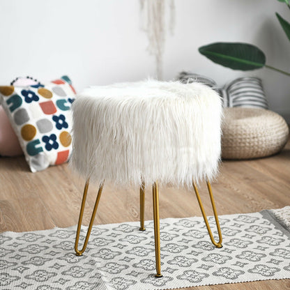 Faux Fur Vanity Stool Chair with Metal Legs for Bedroom and Living Room, White Ottomans   at Gallery Canada