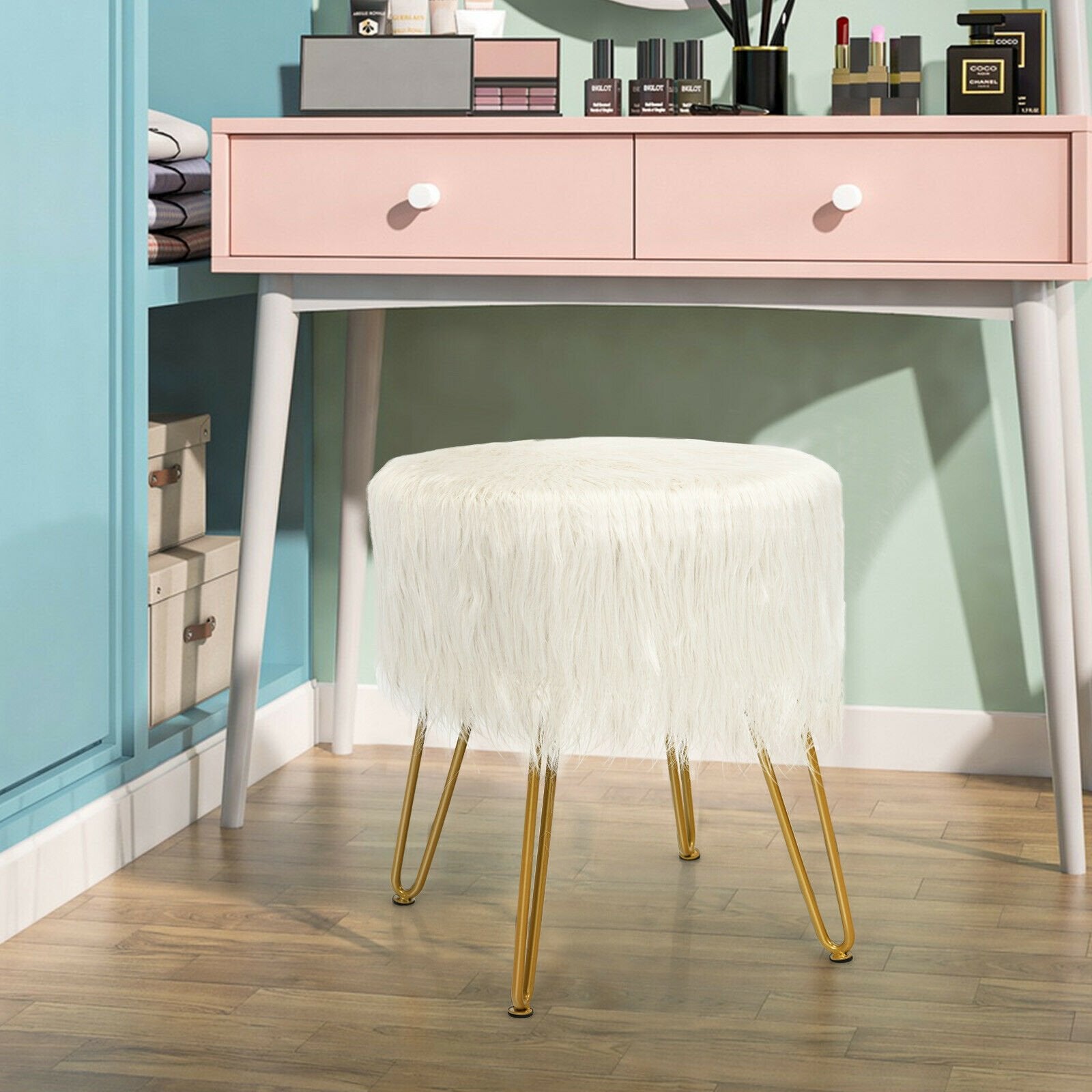 Faux Fur Vanity Stool Chair with Metal Legs for Bedroom and Living Room, White Ottomans   at Gallery Canada