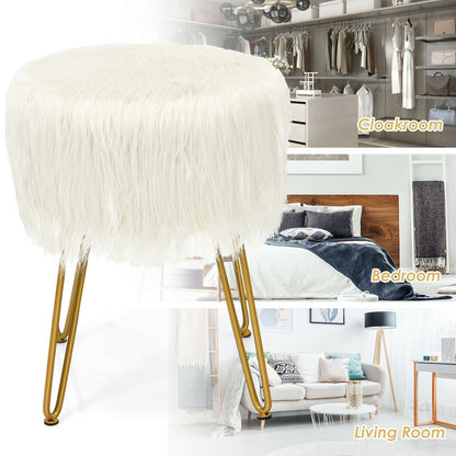 Faux Fur Vanity Stool Chair with Metal Legs for Bedroom and Living Room, White Ottomans   at Gallery Canada