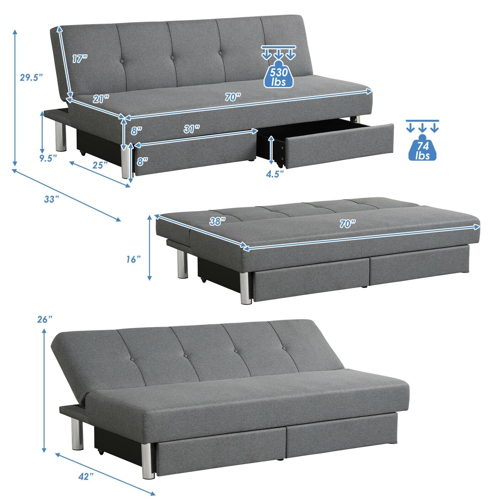 3-Seat Convertible Sofa Bed with 2 Large Drawers and 3 Adjustable Angles, Gray Sofas & Loveseats   at Gallery Canada