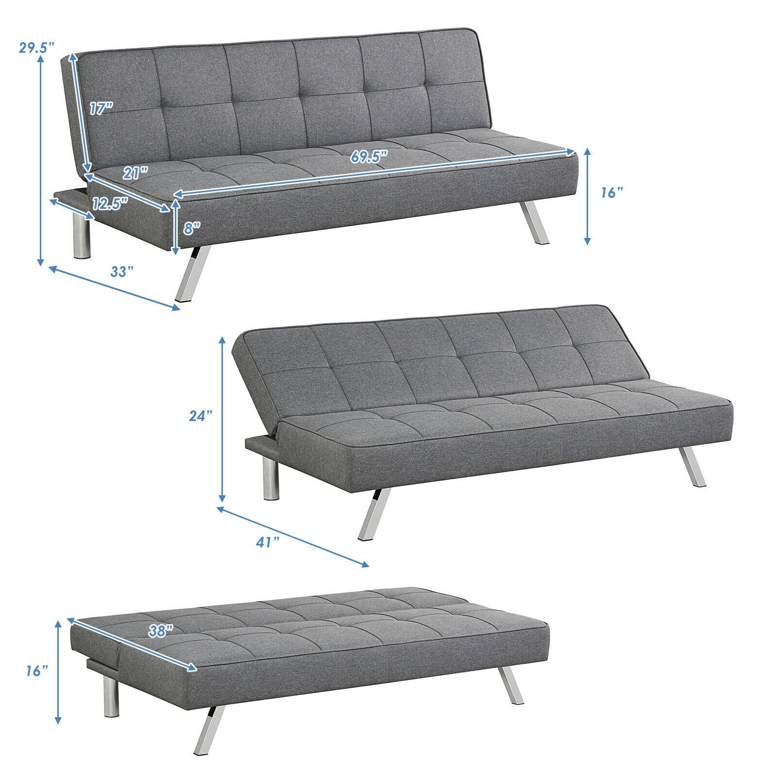 3-Seat Convertible Sofa Bed with High-Density Sponge for Living Room, Gray Sofas & Loveseats   at Gallery Canada