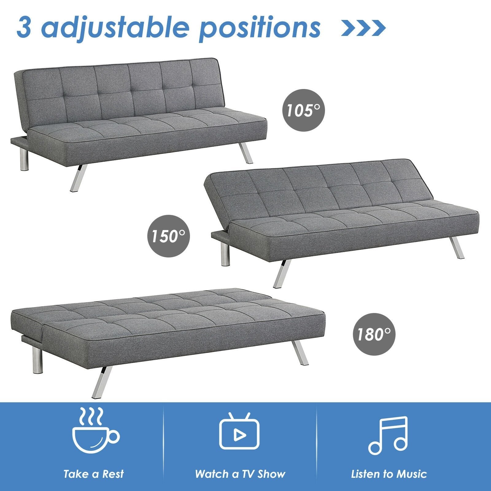 3-Seat Convertible Sofa Bed with High-Density Sponge for Living Room, Gray Sofas & Loveseats   at Gallery Canada