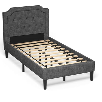 Linen Twin Upholstered Platform Bed with Frame Headboard Mattress Foundation, Black Simple Bed Frame   at Gallery Canada