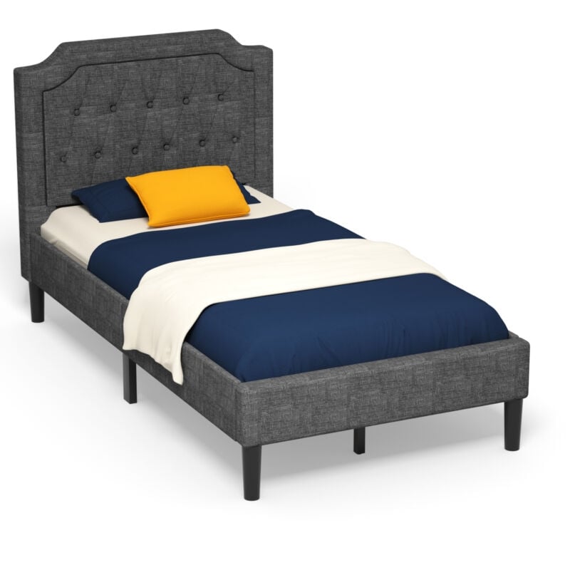 Linen Twin Upholstered Platform Bed with Frame Headboard Mattress Foundation, Black Simple Bed Frame   at Gallery Canada