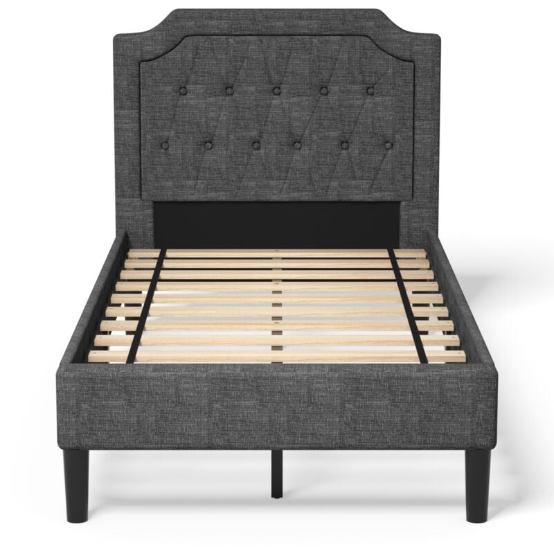 Linen Twin Upholstered Platform Bed with Frame Headboard Mattress Foundation, Black Simple Bed Frame   at Gallery Canada