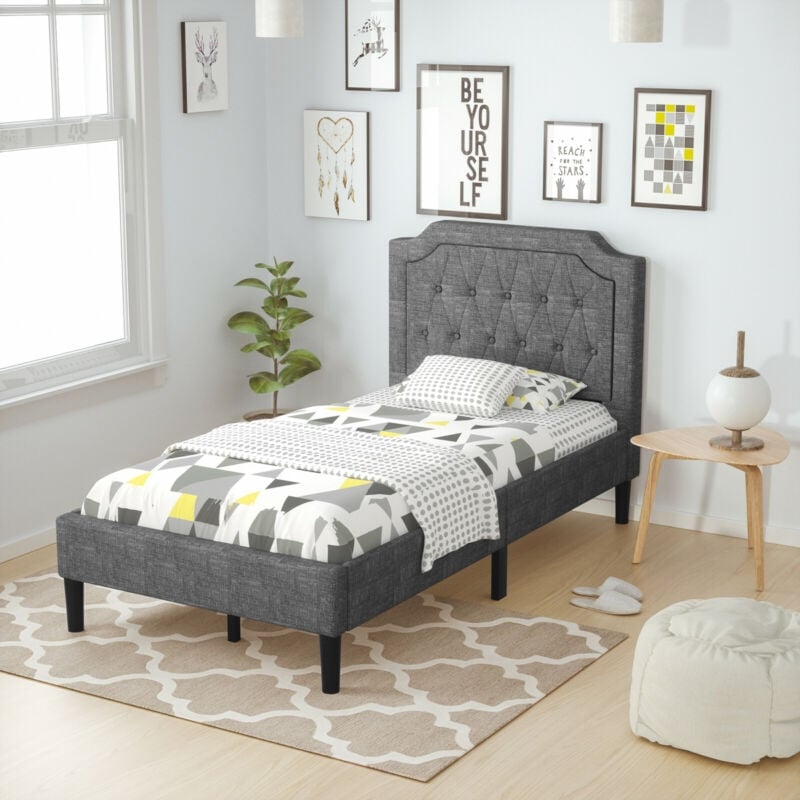 Linen Twin Upholstered Platform Bed with Frame Headboard Mattress Foundation, Black Simple Bed Frame   at Gallery Canada