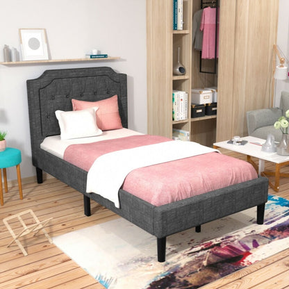 Linen Twin Upholstered Platform Bed with Frame Headboard Mattress Foundation, Black Simple Bed Frame   at Gallery Canada