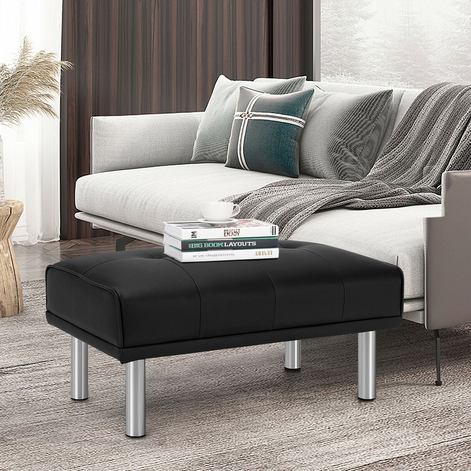 Rectangle Tufted Ottoman with Stainless Steel Legs for Living Room, Black Ottomans   at Gallery Canada