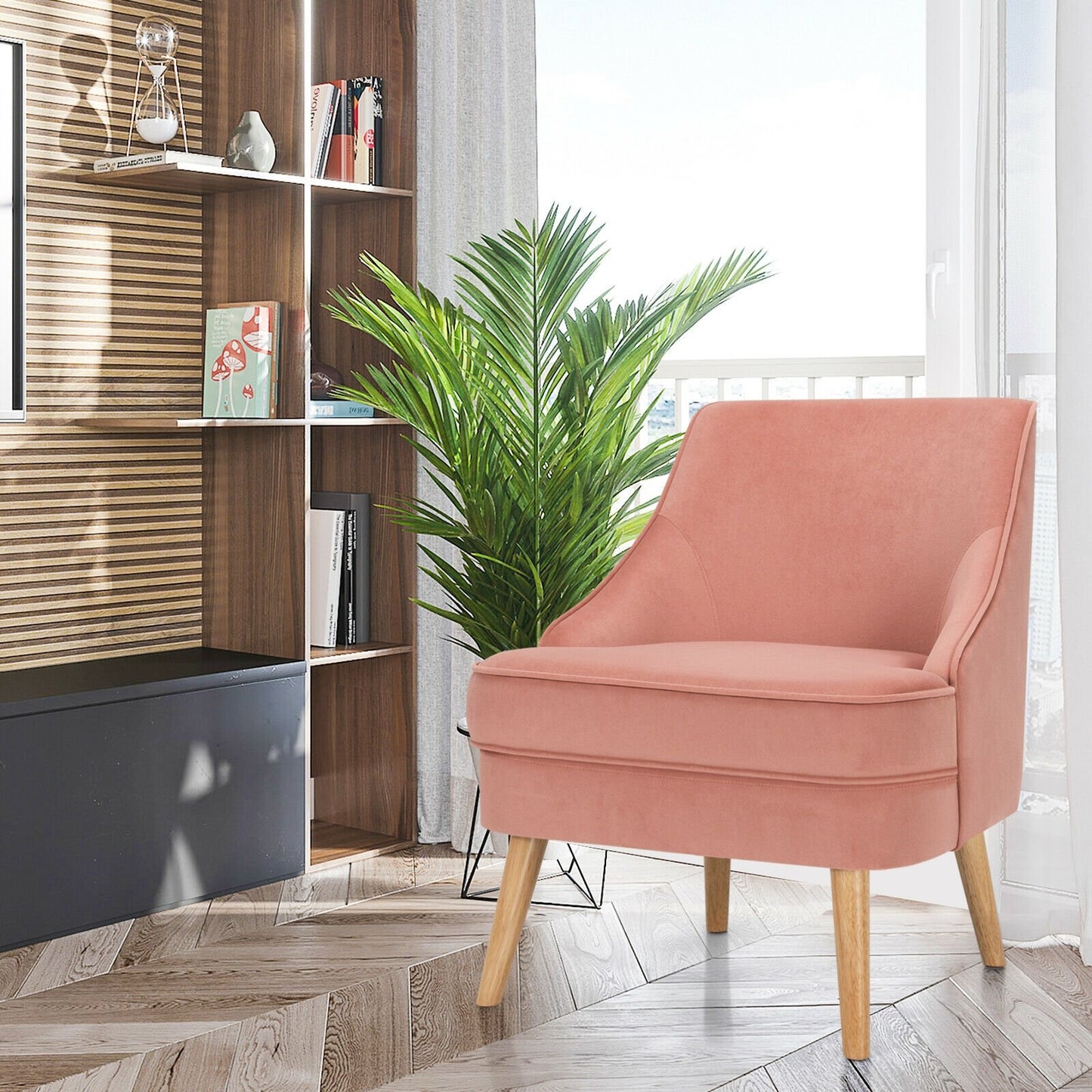 Mid Century Velvet Accent Chair with Rubber Wood Legs for Bedroom, Pink Accent Chairs   at Gallery Canada