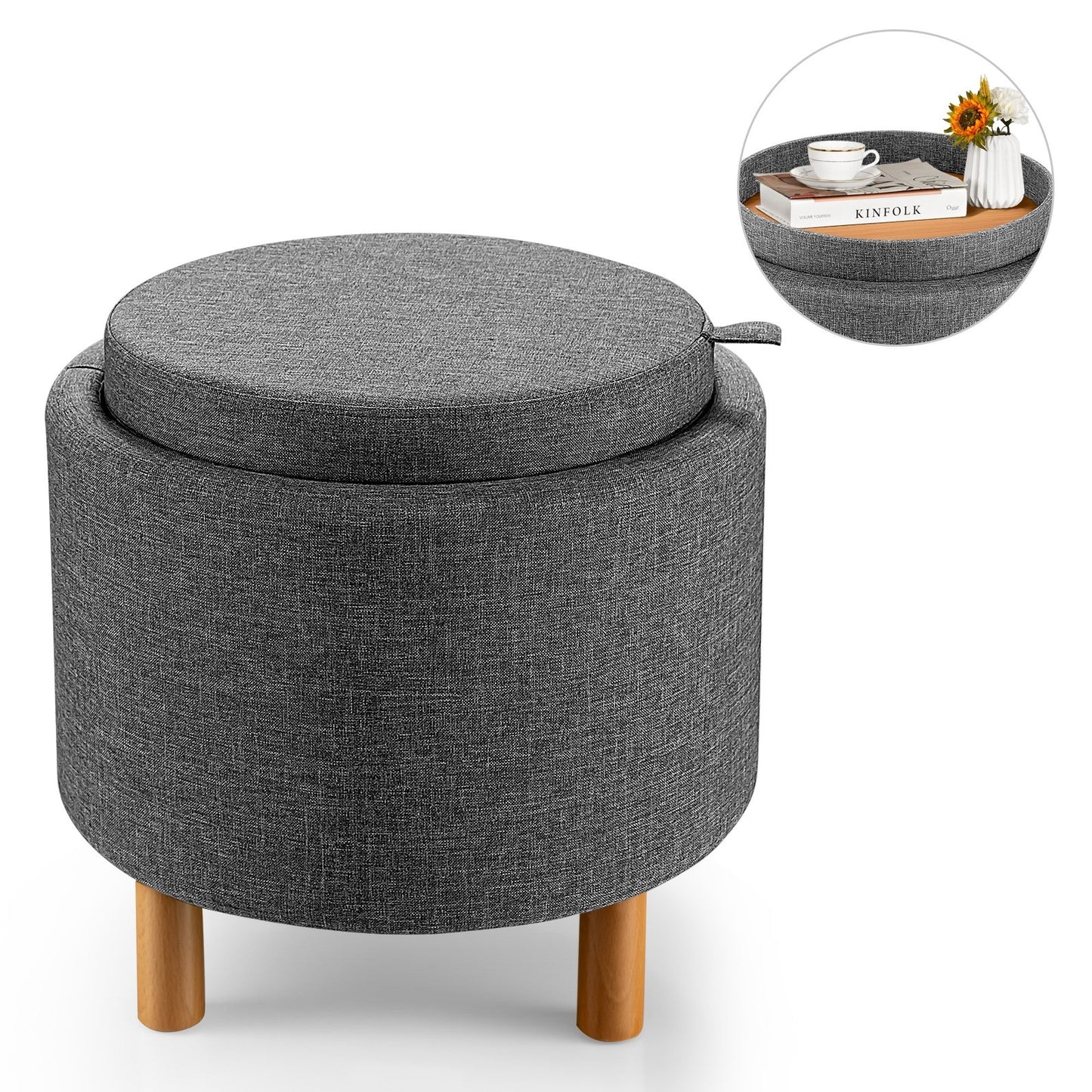 Round Fabric Storage Ottoman with Tray and Non-Slip Pads for Bedroom, Gray - Gallery Canada