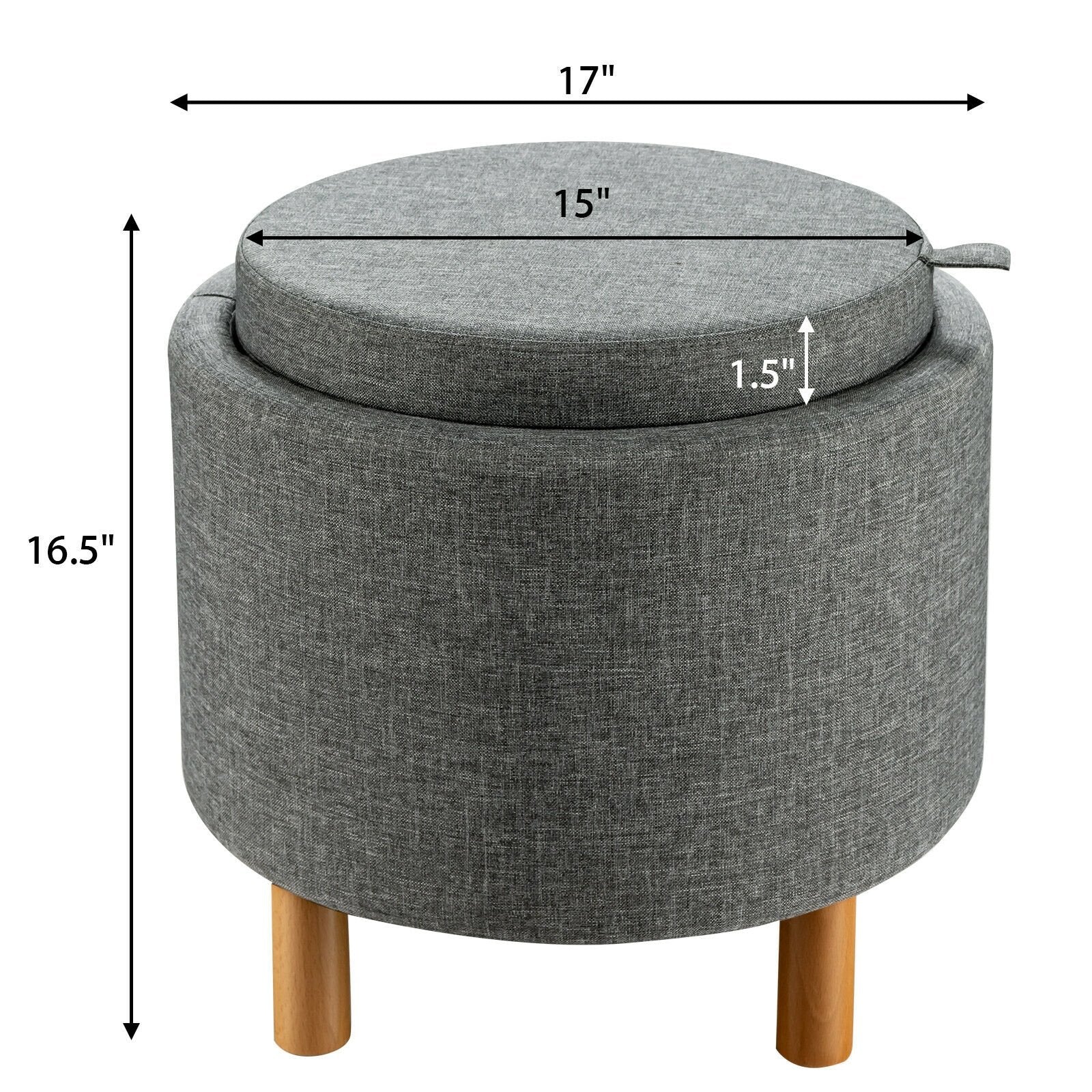 Round Fabric Storage Ottoman with Tray and Non-Slip Pads for Bedroom, Gray Ottomans   at Gallery Canada