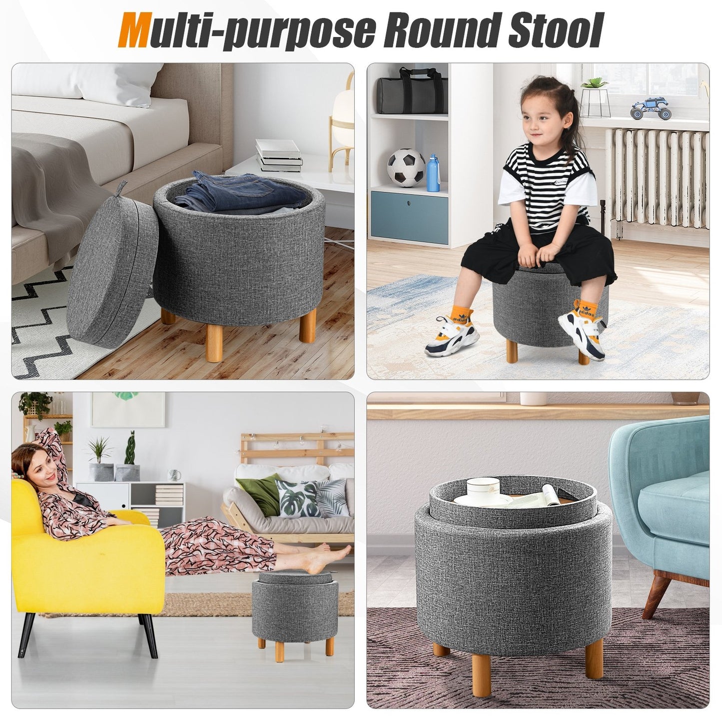 Round Fabric Storage Ottoman with Tray and Non-Slip Pads for Bedroom, Gray - Gallery Canada