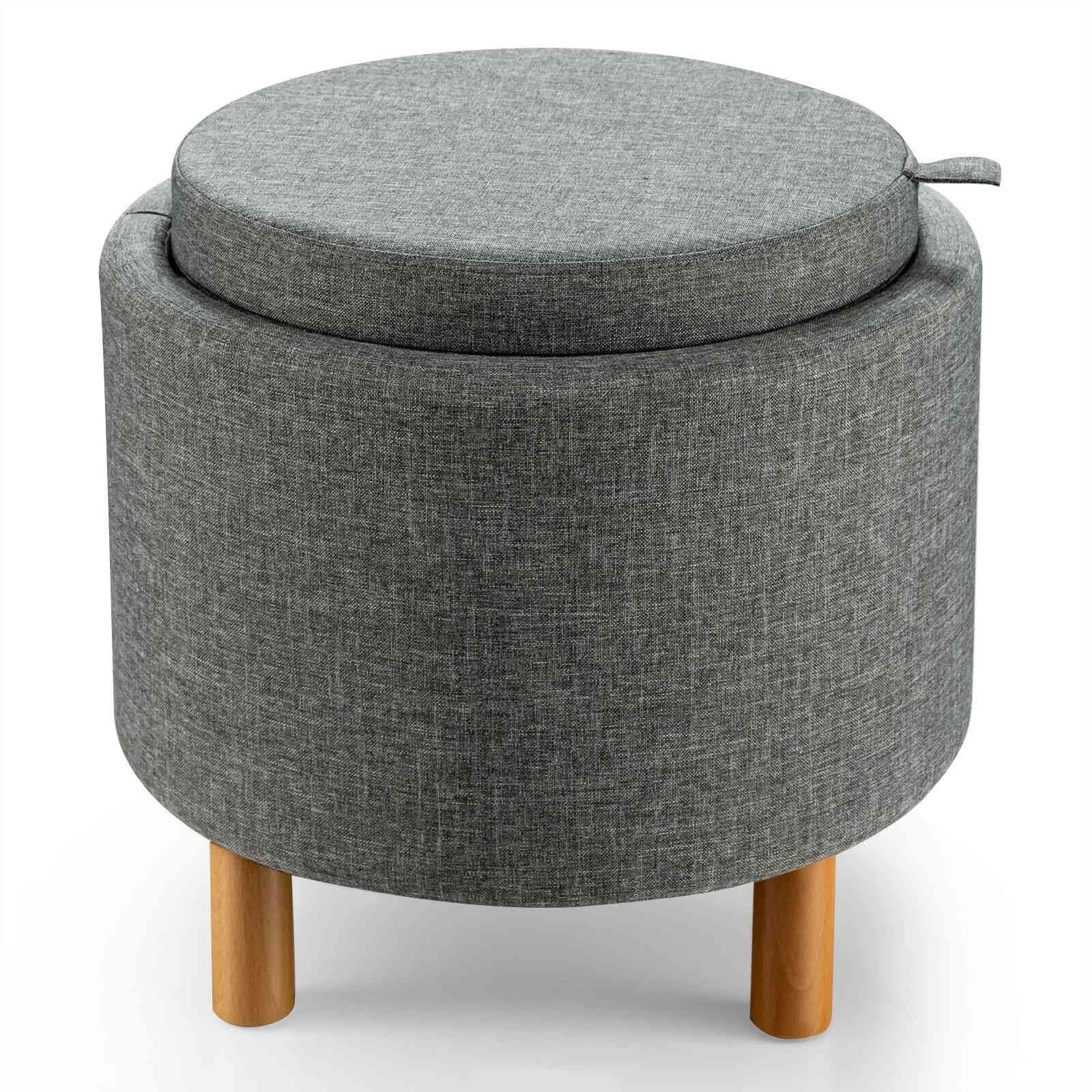 Round Fabric Storage Ottoman with Tray and Non-Slip Pads for Bedroom, Gray - Gallery Canada