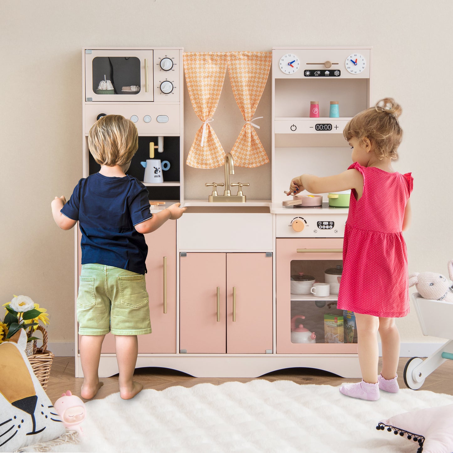 Kids Kitchen Playset with Microwave and Coffee Maker for Ages 3+, Pink Play Kitchen Sets   at Gallery Canada