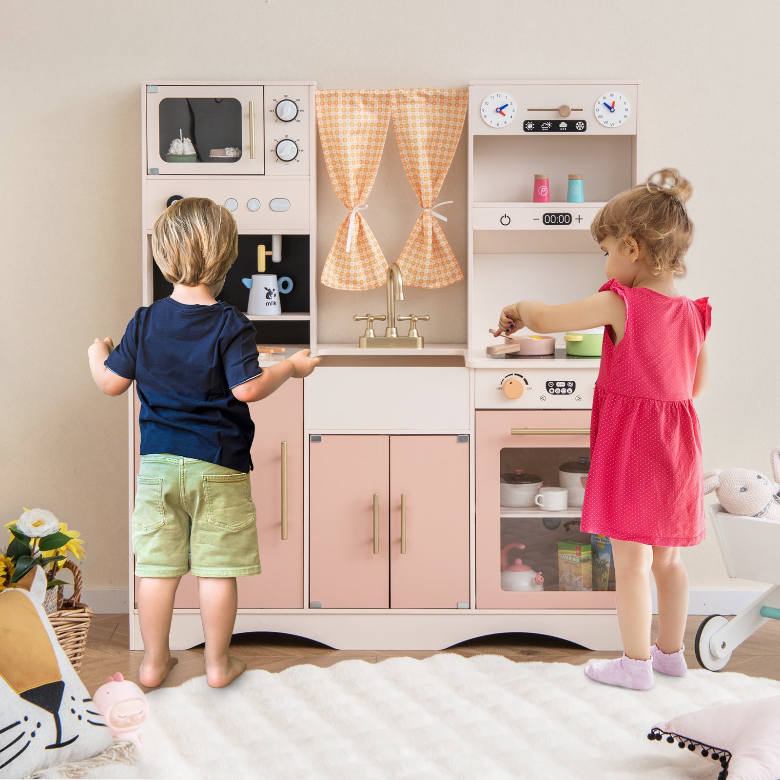 Kids Kitchen Playset with Microwave and Coffee Maker for Ages 3+, Pink Play Kitchen Sets   at Gallery Canada