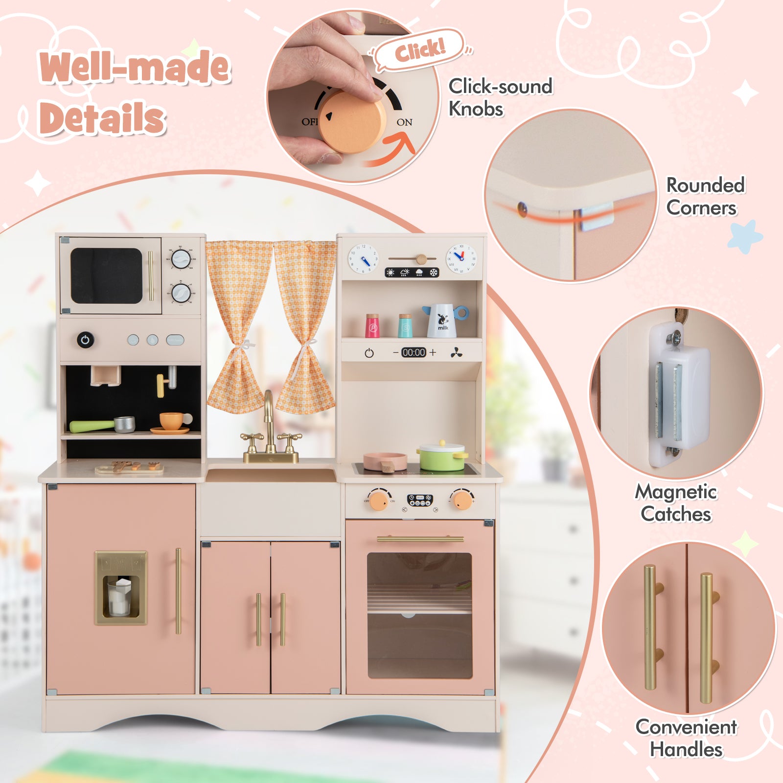 Kids Kitchen Playset with Microwave and Coffee Maker for Ages 3+, Pink Play Kitchen Sets   at Gallery Canada