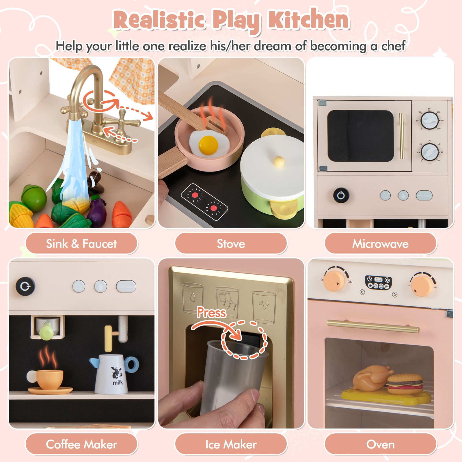 Kids Kitchen Playset with Microwave and Coffee Maker for Ages 3+, Pink Play Kitchen Sets   at Gallery Canada