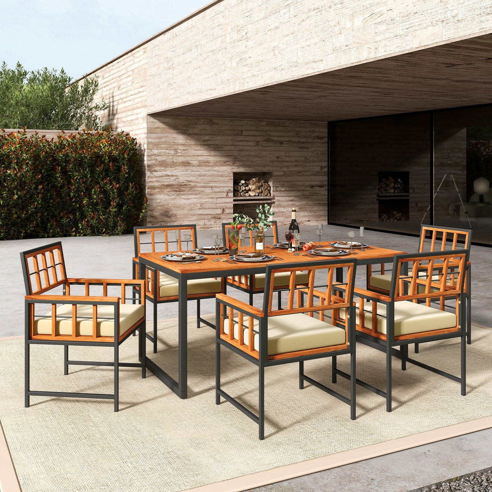 7 Pieces Patio Acacia Wood Dining Set with Soft Cushions and Umbrella Hole, Natural Patio Dining Sets   at Gallery Canada