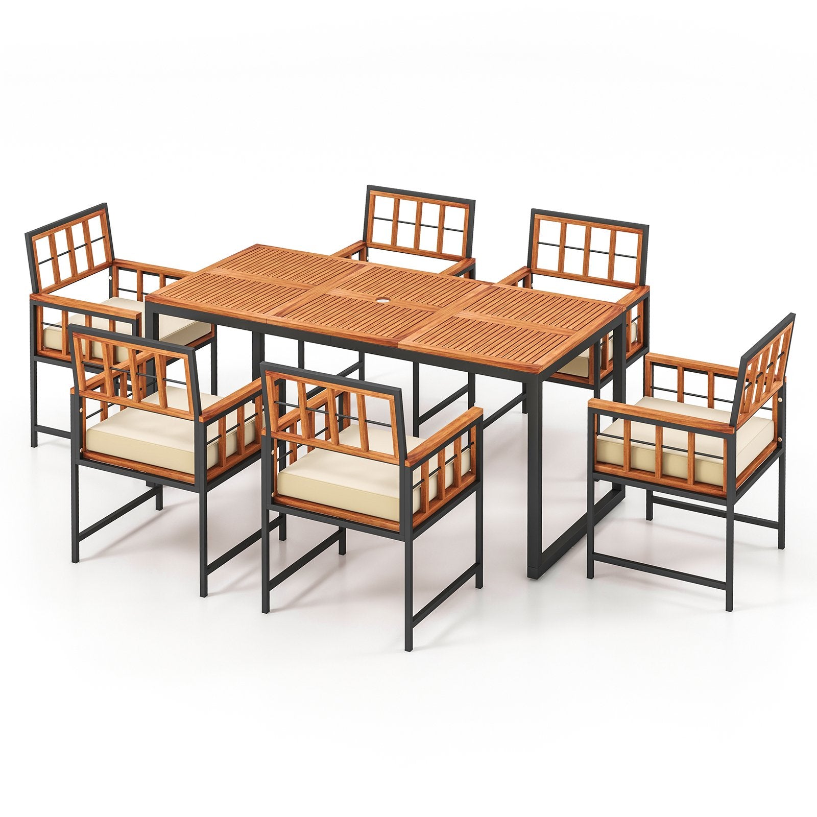 7 Pieces Patio Acacia Wood Dining Set with Soft Cushions and Umbrella Hole, Natural Patio Dining Sets   at Gallery Canada