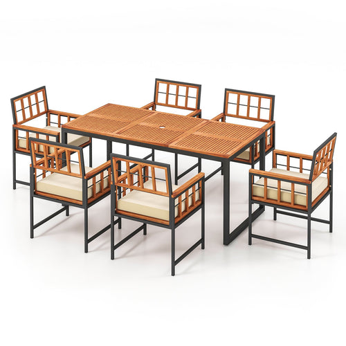 7 Pieces Patio Acacia Wood Dining Set with Soft Cushions and Umbrella Hole, Natural