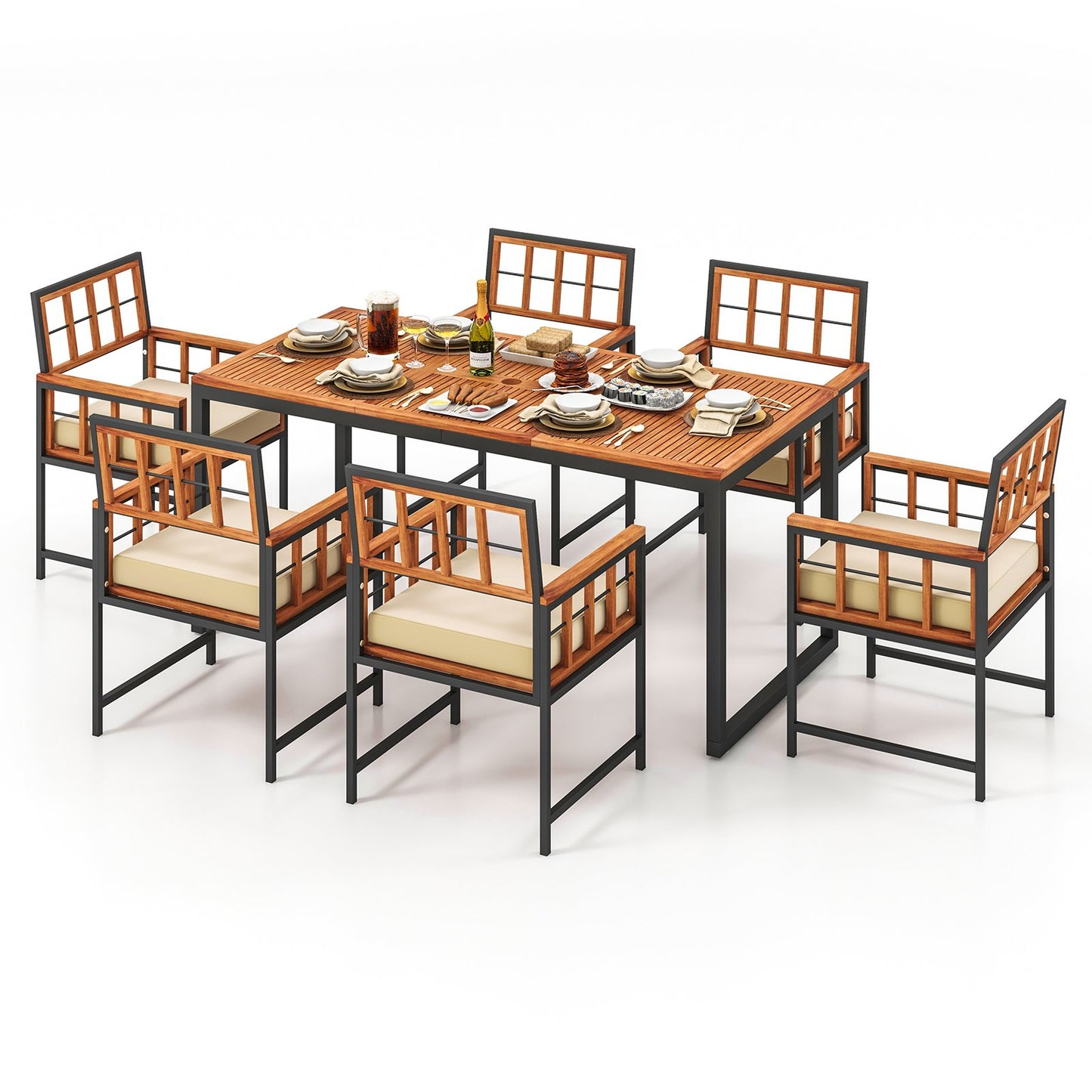 7 Pieces Patio Acacia Wood Dining Set with Soft Cushions and Umbrella Hole, Natural Patio Dining Sets   at Gallery Canada