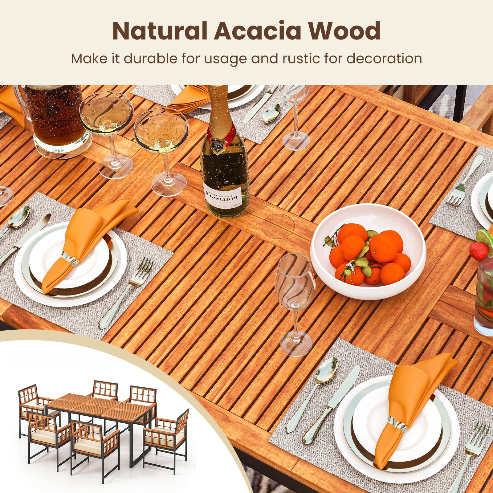 7 Pieces Patio Acacia Wood Dining Set with Soft Cushions and Umbrella Hole, Natural Patio Dining Sets   at Gallery Canada