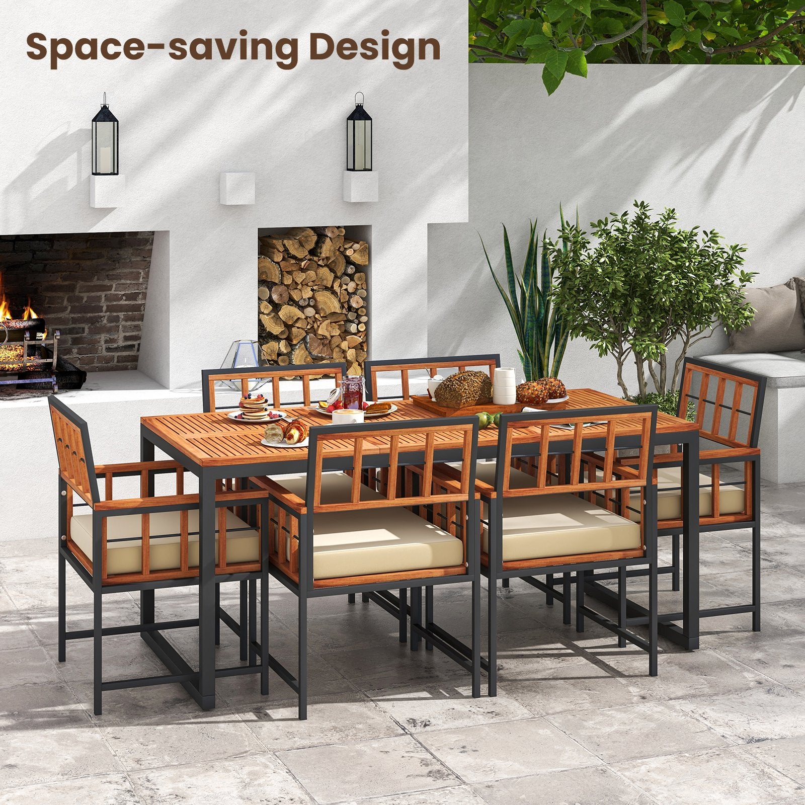 7 Pieces Patio Acacia Wood Dining Set with Soft Cushions and Umbrella Hole, Natural Patio Dining Sets   at Gallery Canada