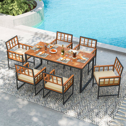 7 Pieces Patio Acacia Wood Dining Set with Soft Cushions and Umbrella Hole, Natural Patio Dining Sets   at Gallery Canada