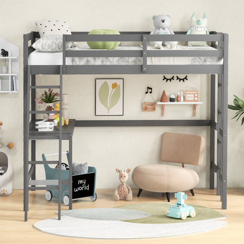 Twin Size Loft Bed Frame with Desk Angled and Built-in Ladder, Gray