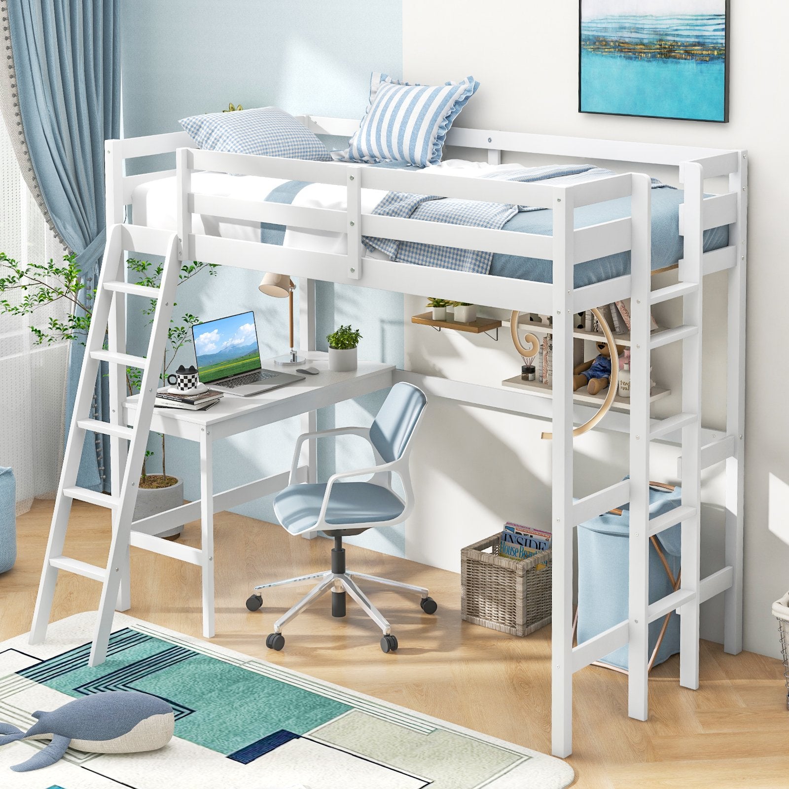 Twin Size Loft Bed Frame with Desk Angled and Built-in Ladder, White - Gallery Canada