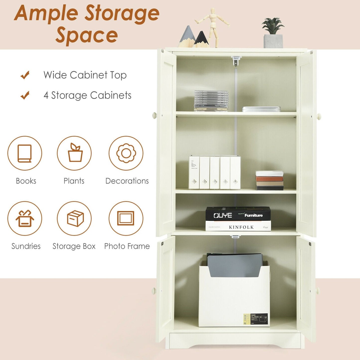 Accent Floor Storage Cabinet with Adjustable Shelves Antique 2-Door-Cream White, White Armoires & Wardrobes   at Gallery Canada