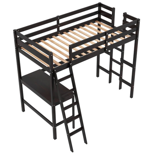 Twin Size Loft Bed Frame with Desk Angled and Built-in Ladder, Dark Brown