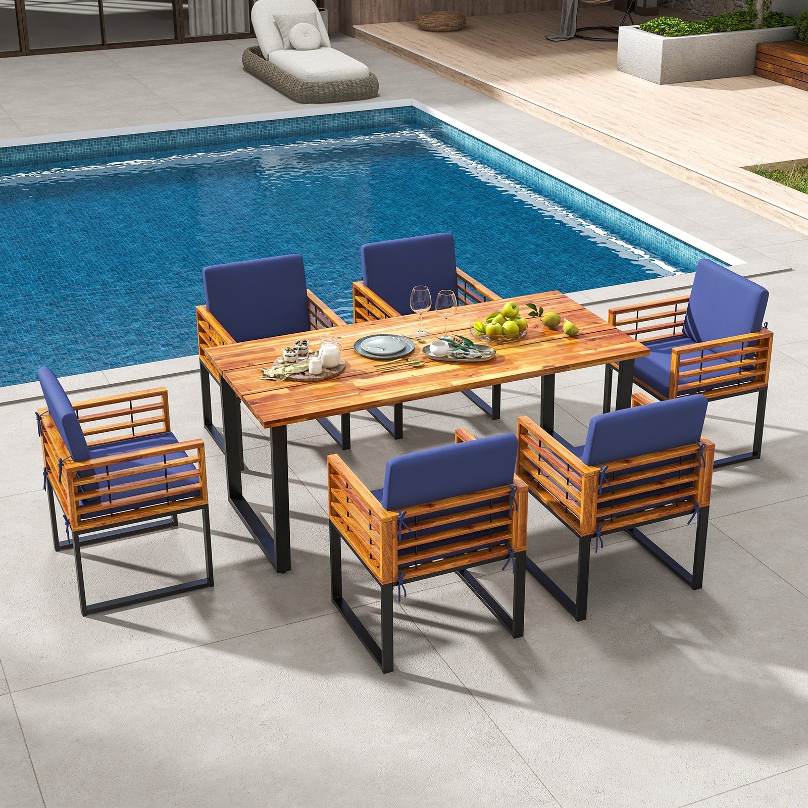 7 Pieces Patio Acacia Wood Dining Chair and Table Set for Backyard and Poolside, Navy Patio Dining Sets   at Gallery Canada