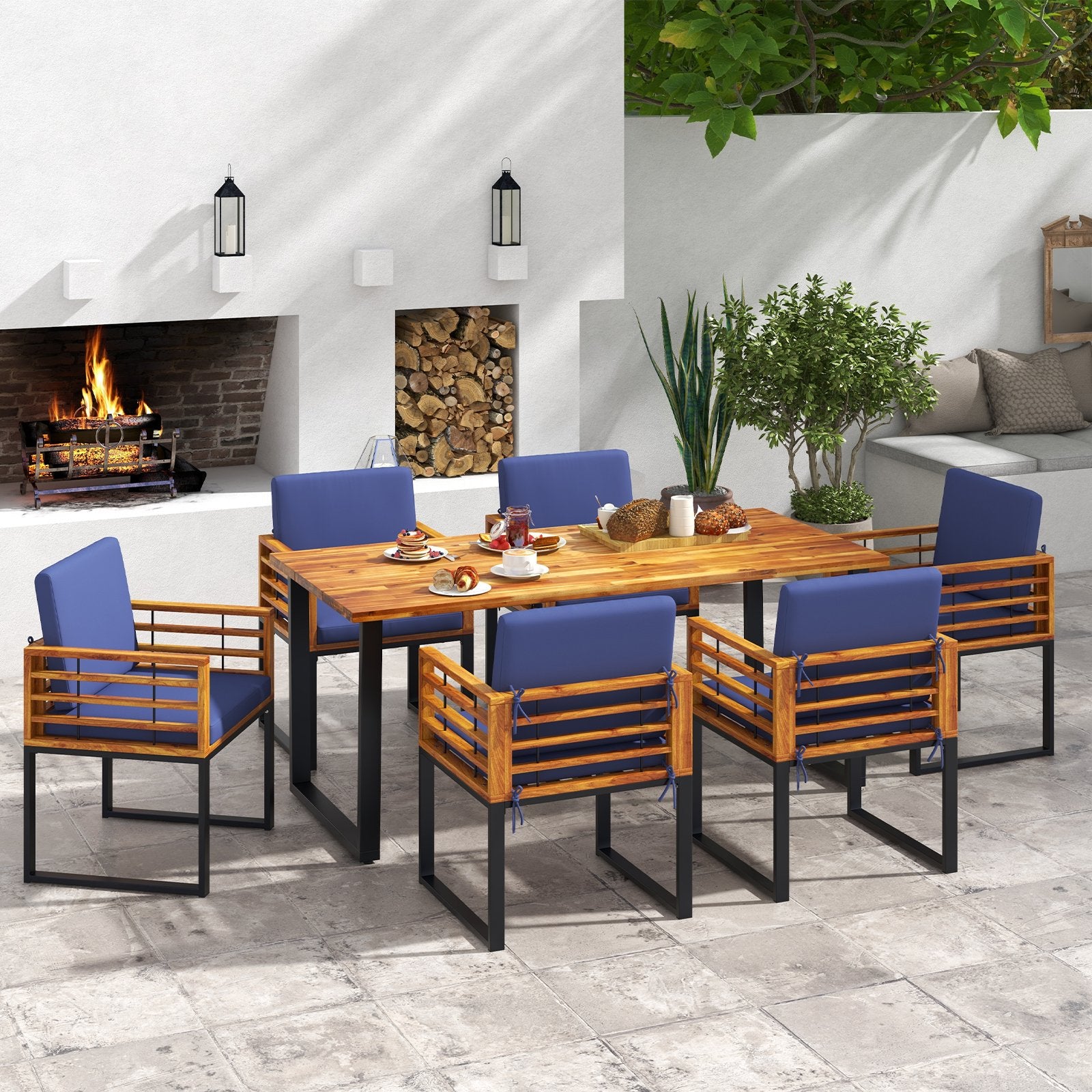 7 Pieces Patio Acacia Wood Dining Chair and Table Set for Backyard and Poolside, Navy Patio Dining Sets   at Gallery Canada