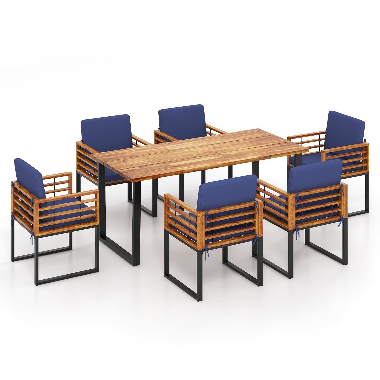 7 Pieces Patio Acacia Wood Dining Chair and Table Set for Backyard and Poolside, Navy Patio Dining Sets   at Gallery Canada