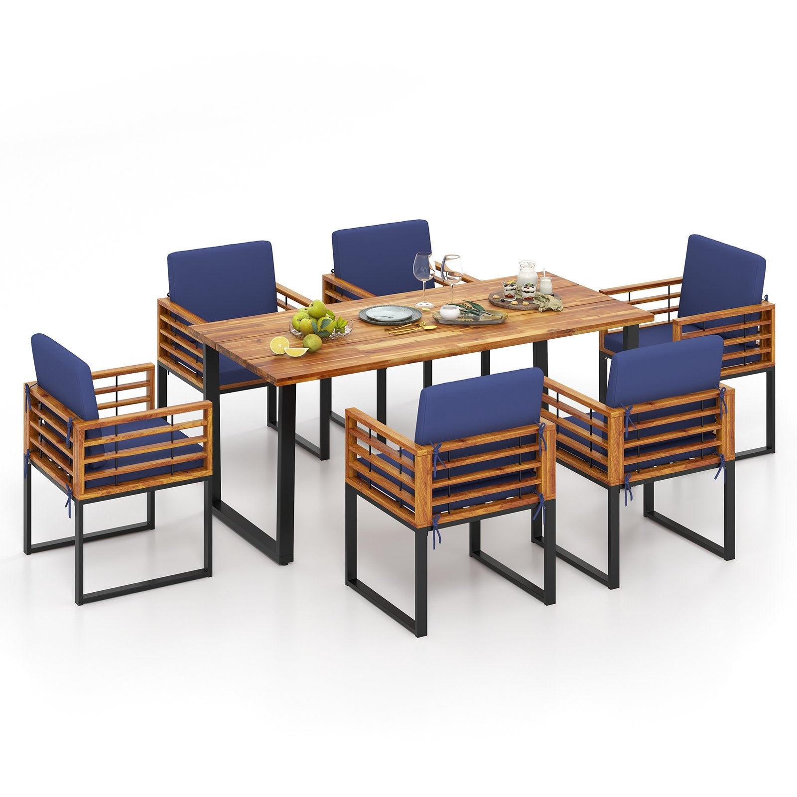 7 Pieces Patio Acacia Wood Dining Chair and Table Set for Backyard and Poolside, Navy Patio Dining Sets   at Gallery Canada