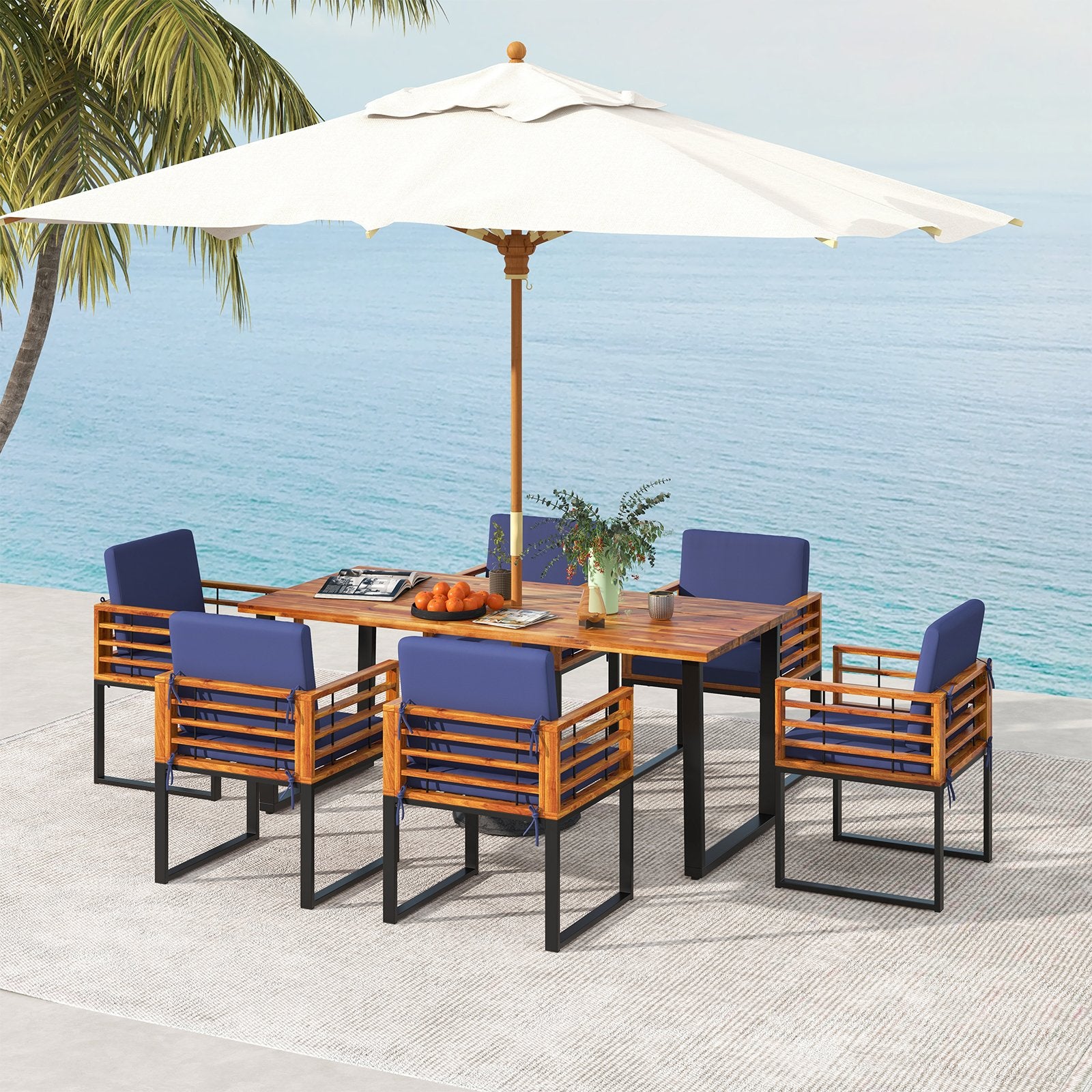 7 Pieces Patio Acacia Wood Dining Chair and Table Set for Backyard and Poolside, Navy Patio Dining Sets   at Gallery Canada